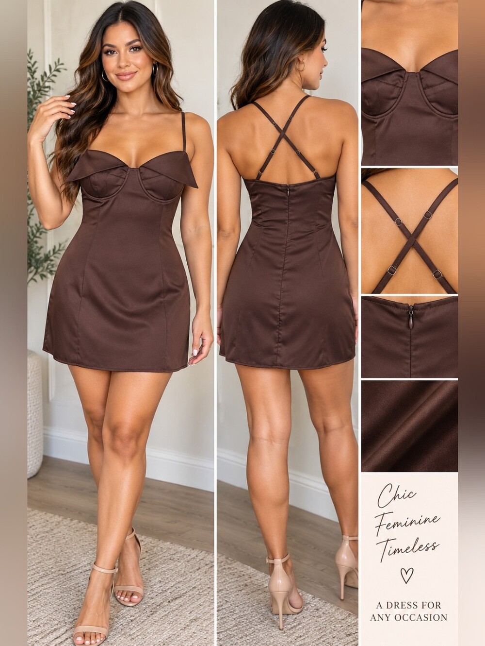 PrettyLittleThing Brown Satin Mini Dress with Crisscross Straps